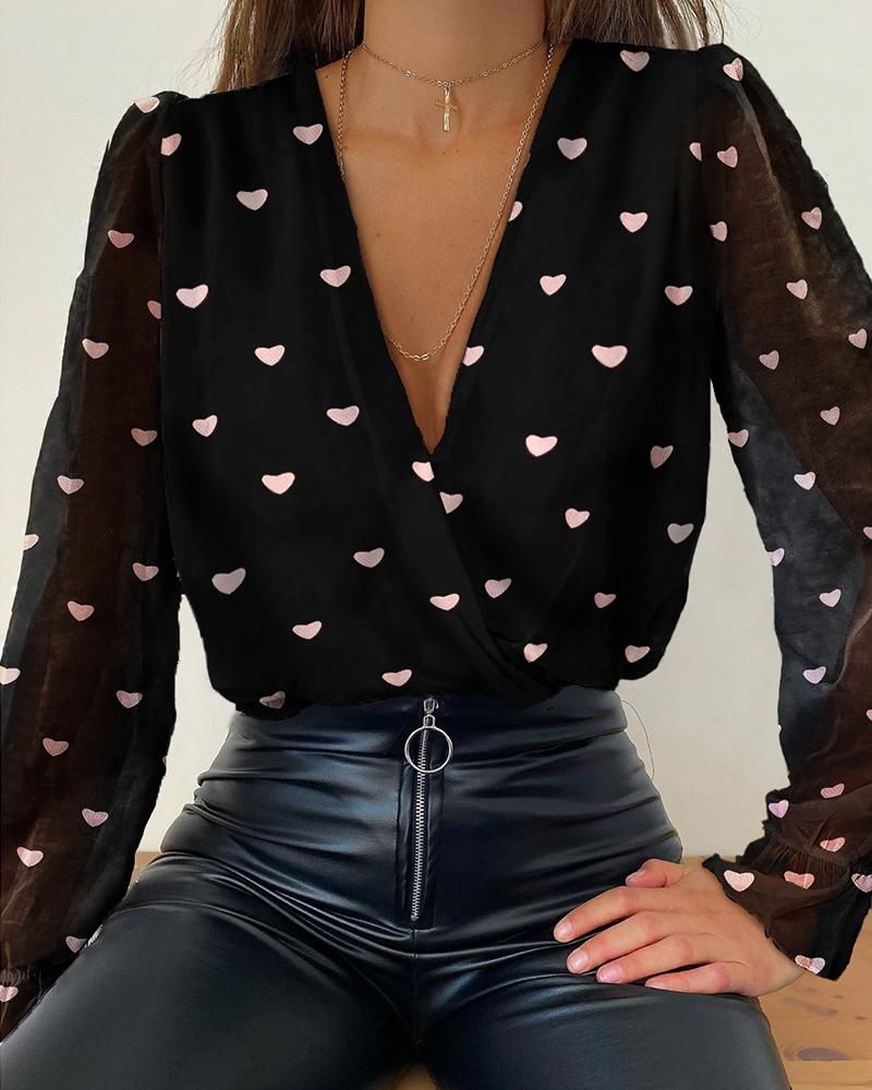 

Heart Print Plunge Long Sleeve Top, Black