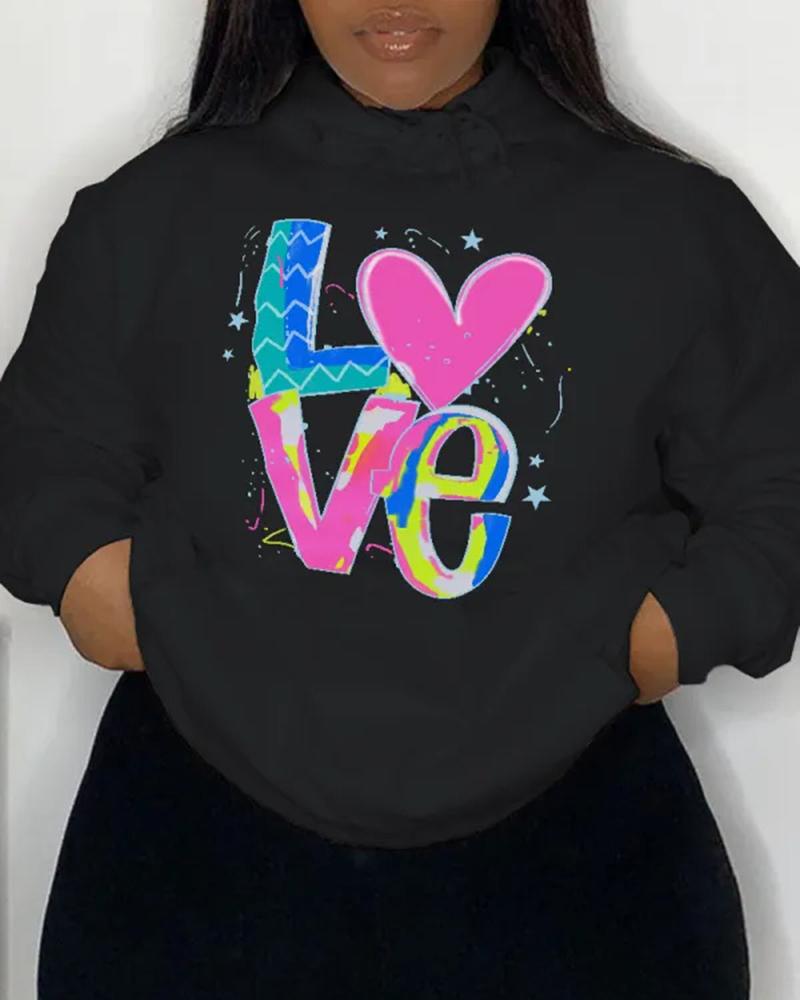 

Love Heart Print Pocket Design Hoodie, Black