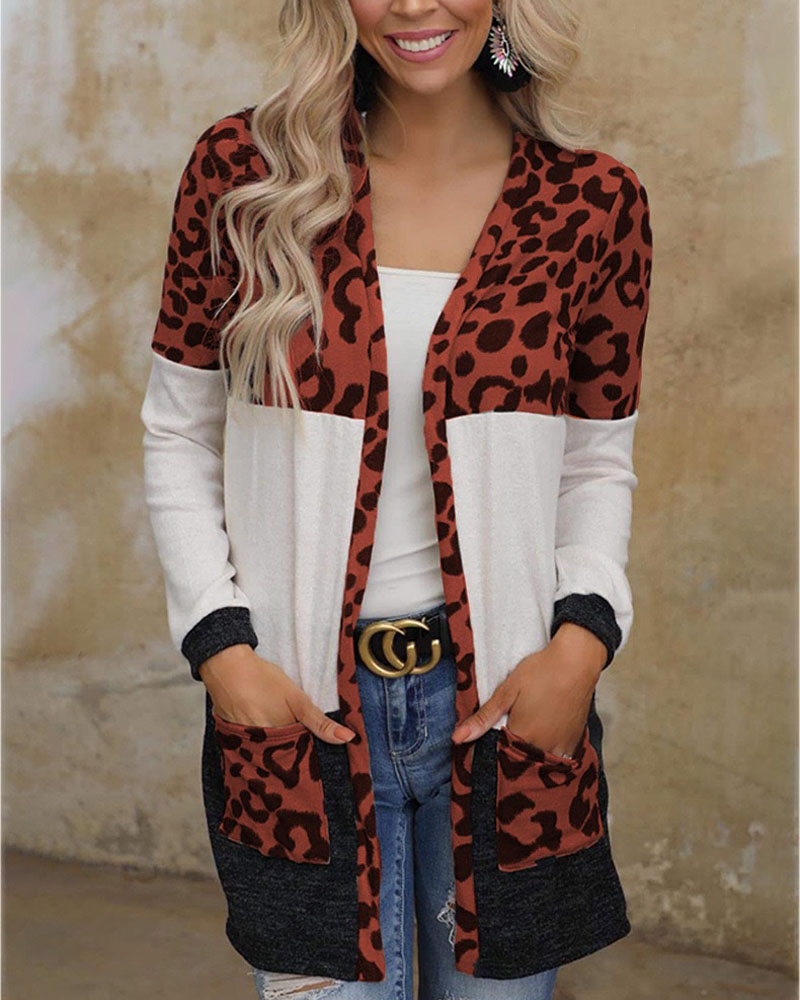 

Leopard Print Long Sleeve Open Front Cardigan, Red