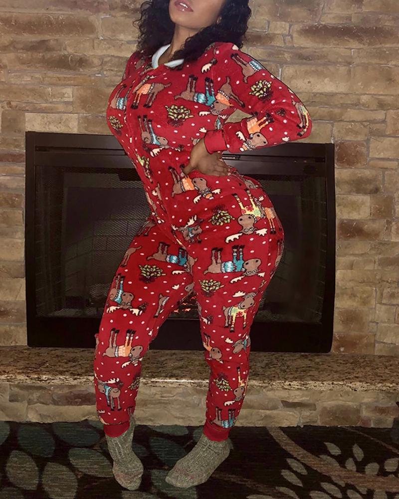 

Christmas Mixed Print Hooded Lounge Jumpsuit, Coffee