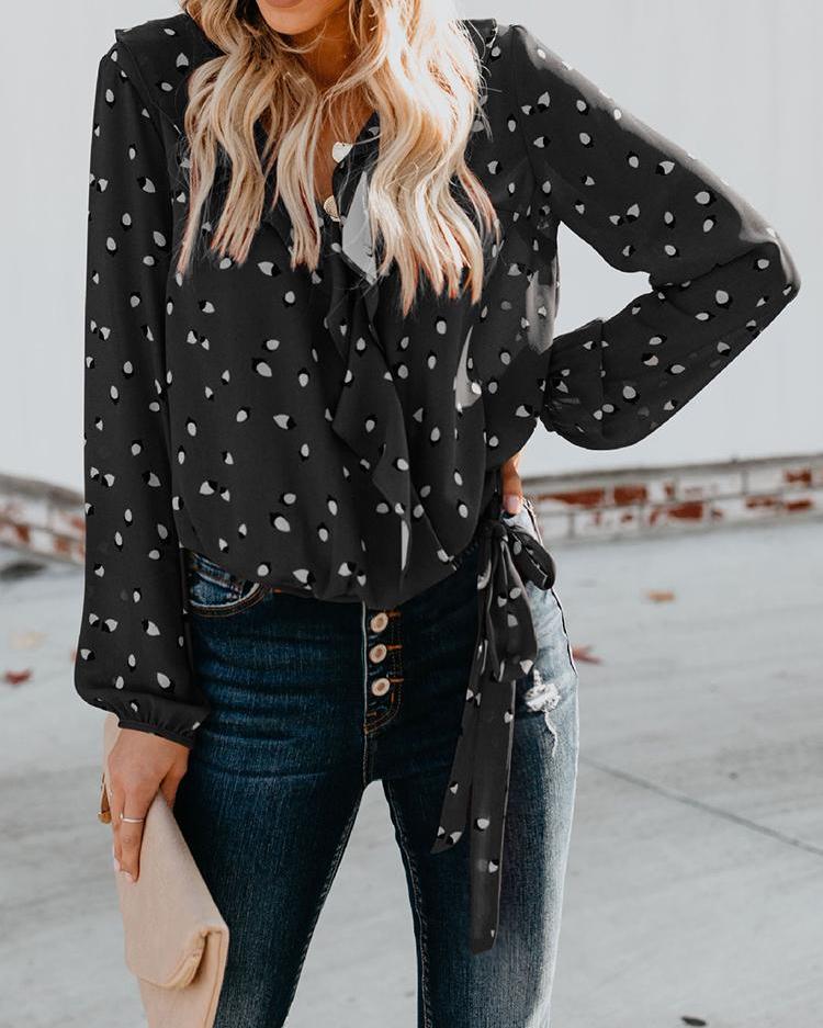 

Print Ruffles Tied Detail Casual Blouse, Black