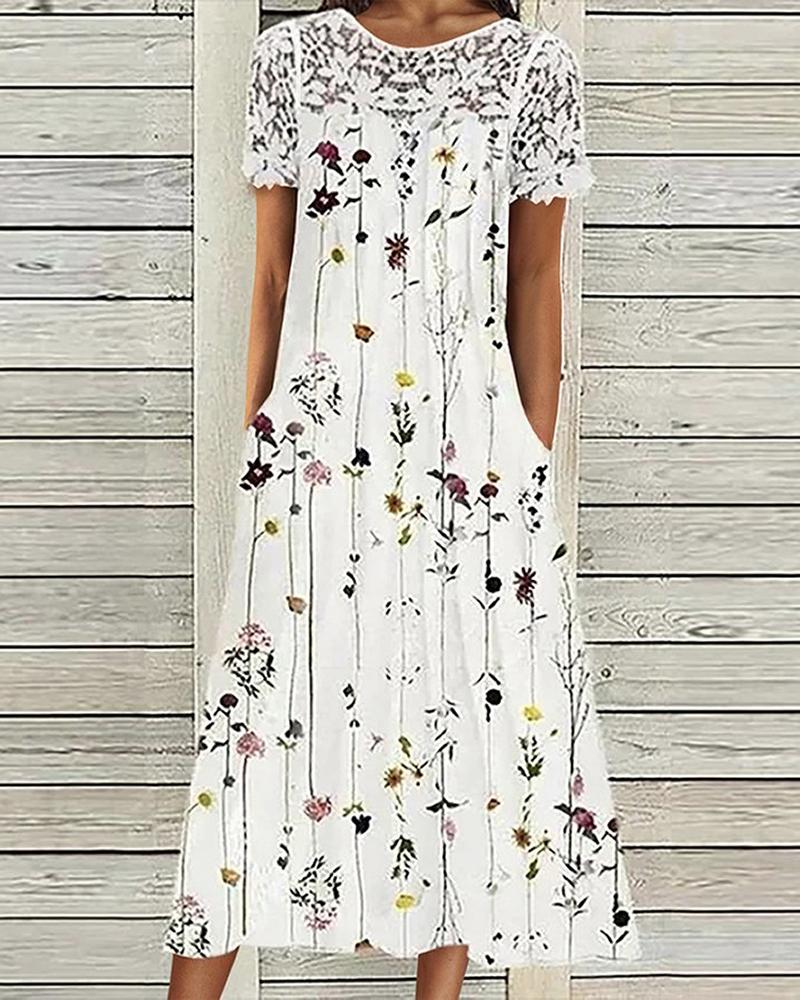

Crochet Lace Pocket Decor Floral Print Dress, White