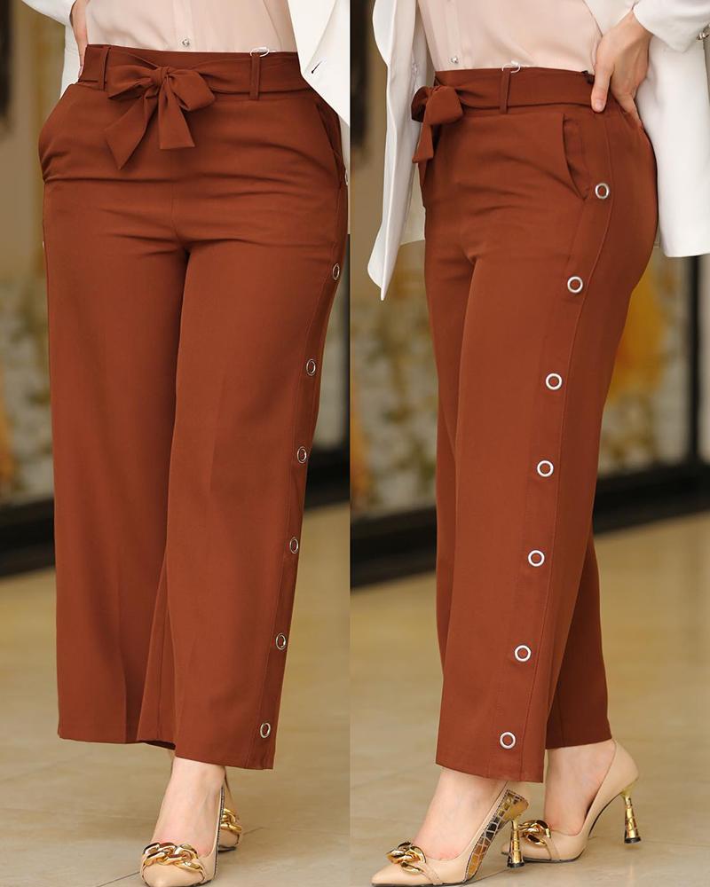 

Side Button Tied Detail Wide Leg Pants, Dark brown