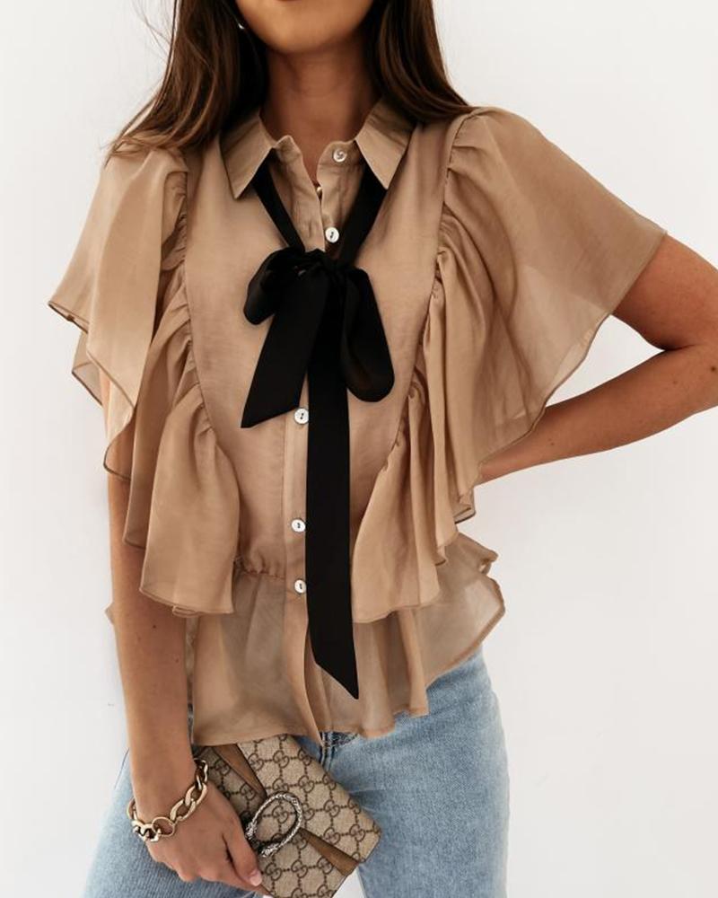 

Solid Color Tie Neck Ruffle Trim Blouse, Khaki