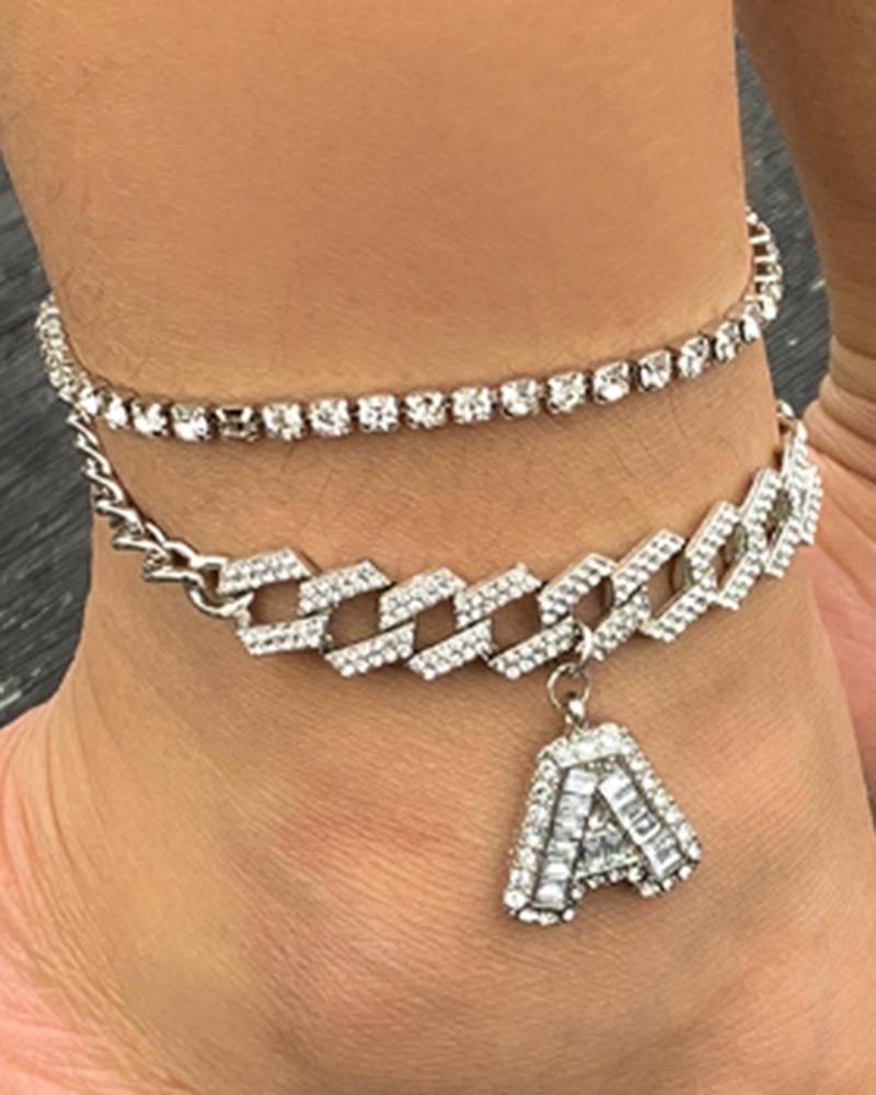 

2PCS/Set Rhinestone Hollow Out Letter Pattern Anklets, Silver