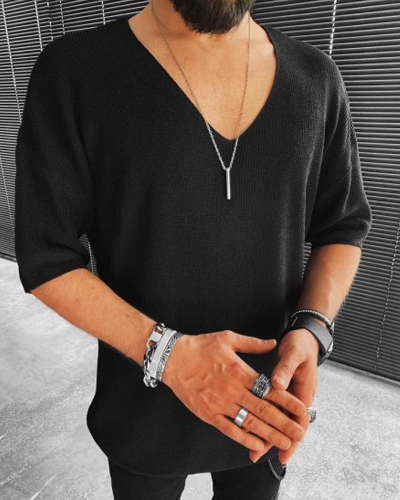 

Solid Half Sleeve Loose Knitted T-shirts, Black