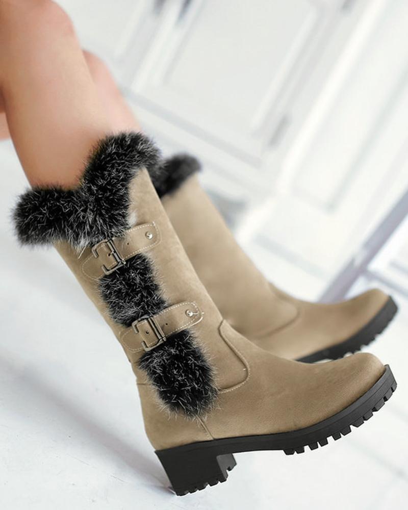 

Fuzzy Detail Buckled Lined Calf Snow Boots, Khaki