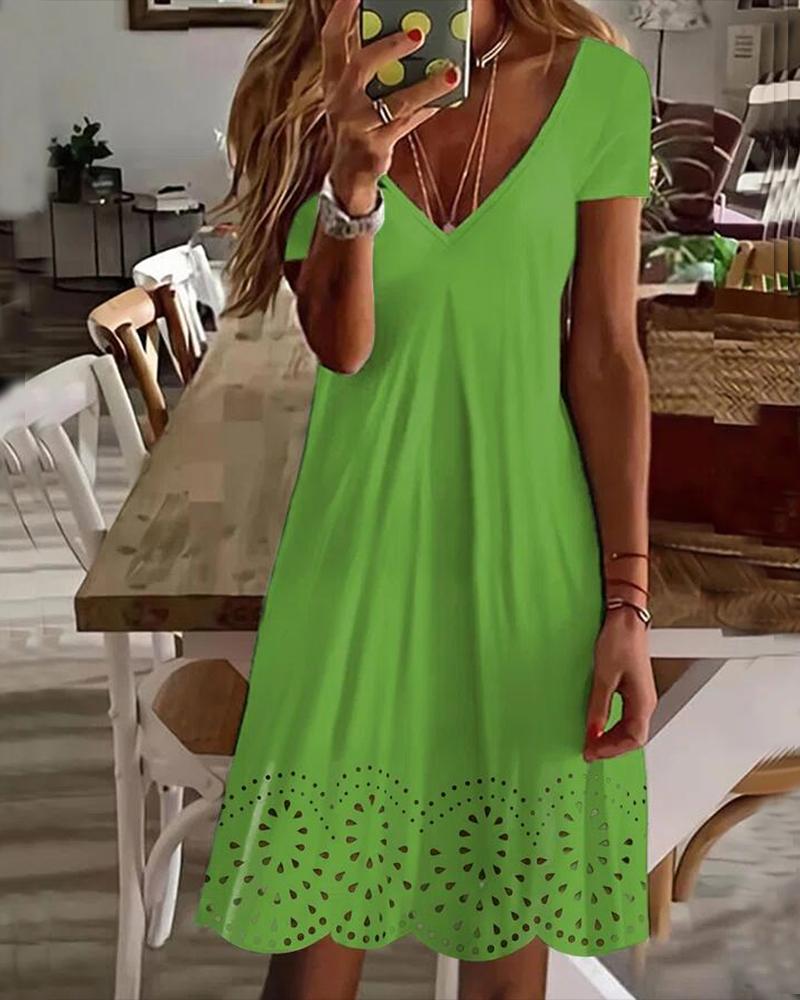 

Hollow Out Scallop Trim Casual Dress, Green