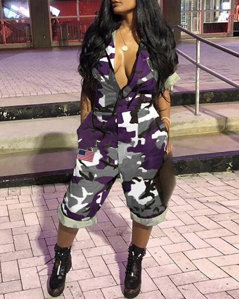 

Camouflage Flag Print Short Sleeve Jumpsuit, Purple