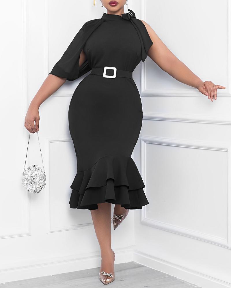 

Bowknot Decor Belted Mermaid Dress, Black