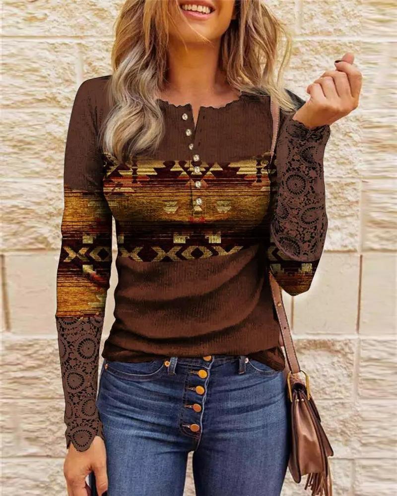 

Geo Print Contrast Lace Long Sleeve Top, Brown