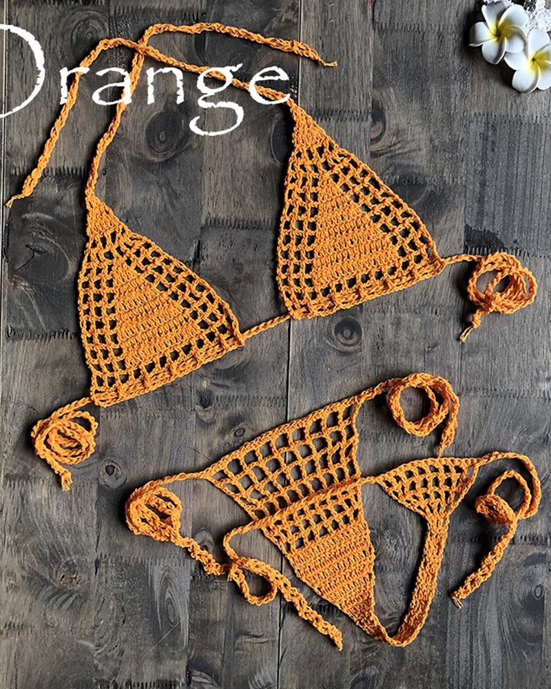 

See-through Solid Color Hollow-out Weave Halter Sleeveless 2-Piece Bikini Sets, Orange