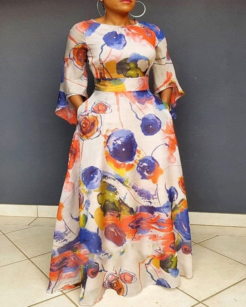 

Plus Size Abstract Print Bell Sleeve Maxi Dress, Orange