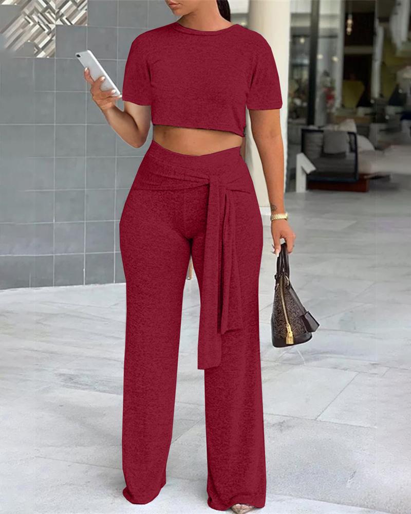 

Casual Crop Top & Tied Detail Pants Set, Red