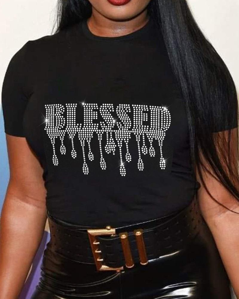 

Plus Size Blessed Rhinestone Short Sleeve Casual T-shirt, Blackwhite