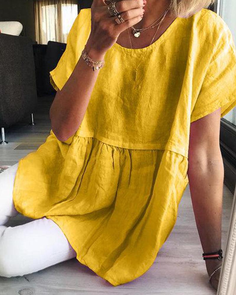 

Solid Linen Tiered Casual Dress, Yellow