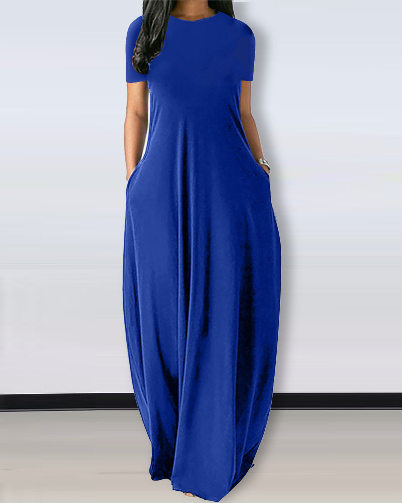 

Short Sleeve Pocket Detail Casual Dress, Blue