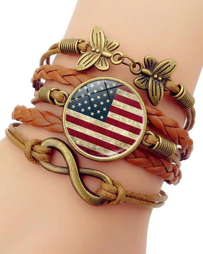 

1pc Independence Day Flag Butterfly Pattern Multi-Layer Bracelet, Brown