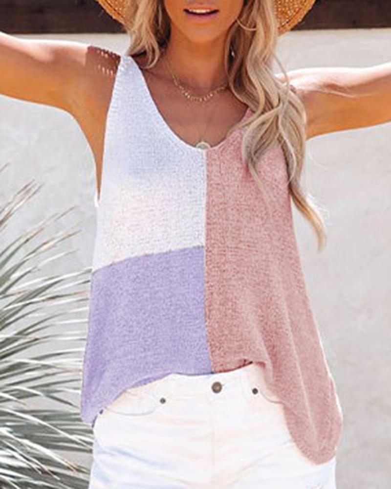 

Colorblock V-Neck Sleeveless Casual Tank Top, Pink