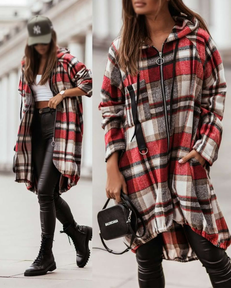 

Plaid Pattern Shacket Zipper Design Oversized Longline Casual Hooded Coats with Pockets, Red