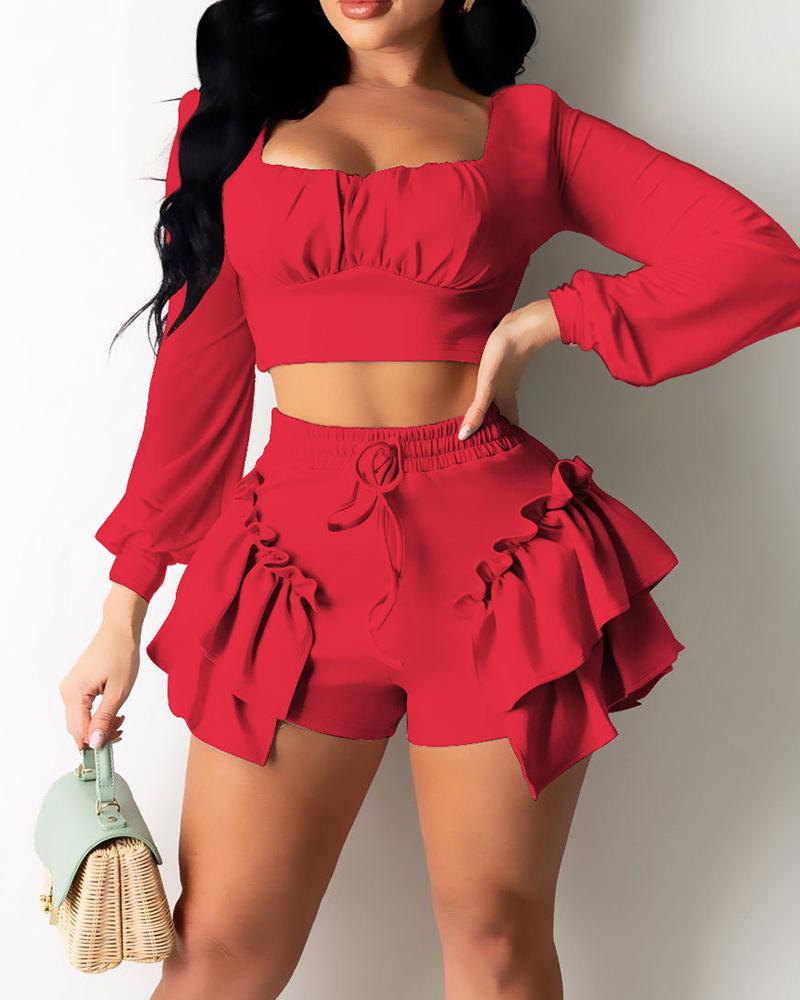 

Solid Crop Top & Ruffle Hem Drawstring Shorts Set, Red