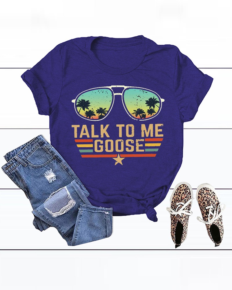 

Letter Print Short Sleeve Casual T-shirt, Blue
