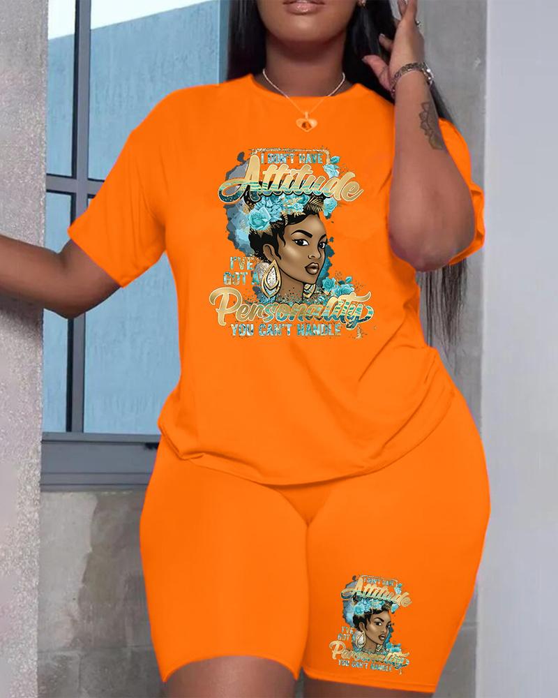 

Figure Letter Print Casual Top & Shorts Set, Orange
