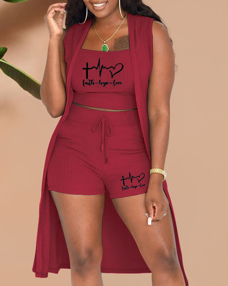 

3PCS Letter Heart Print Ribbed Crop Top & Shorts Set With Cardigan, Red