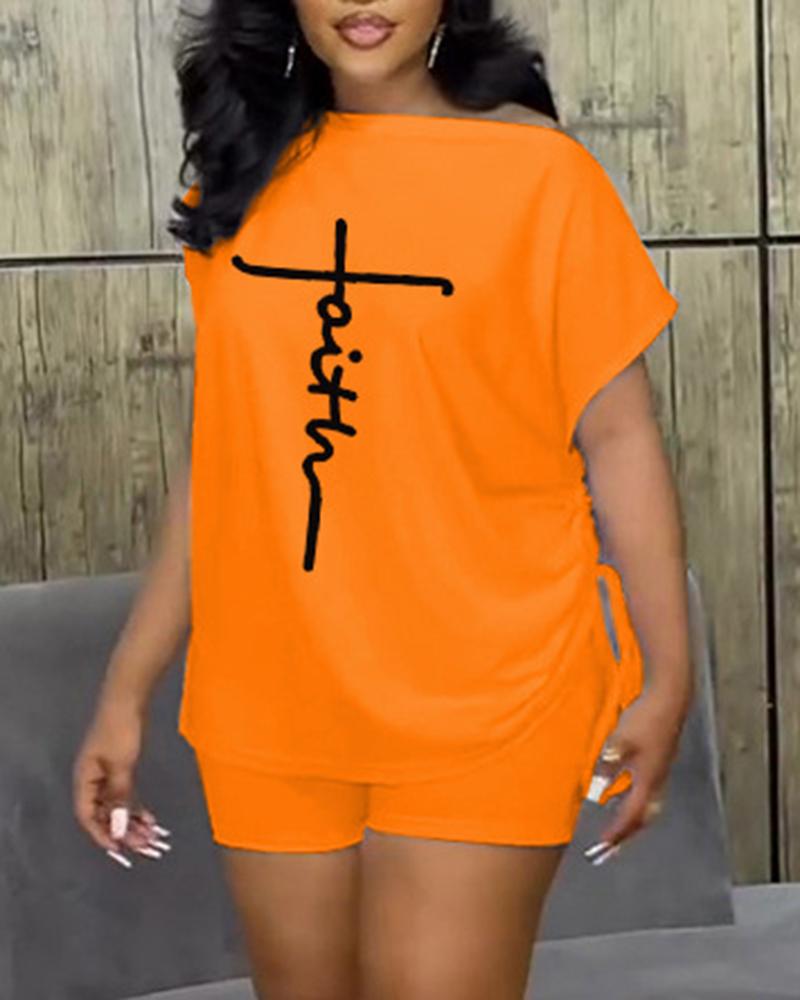 

Letter Print Cold Shoulder Drawstring Top & Shorts Set, Orange