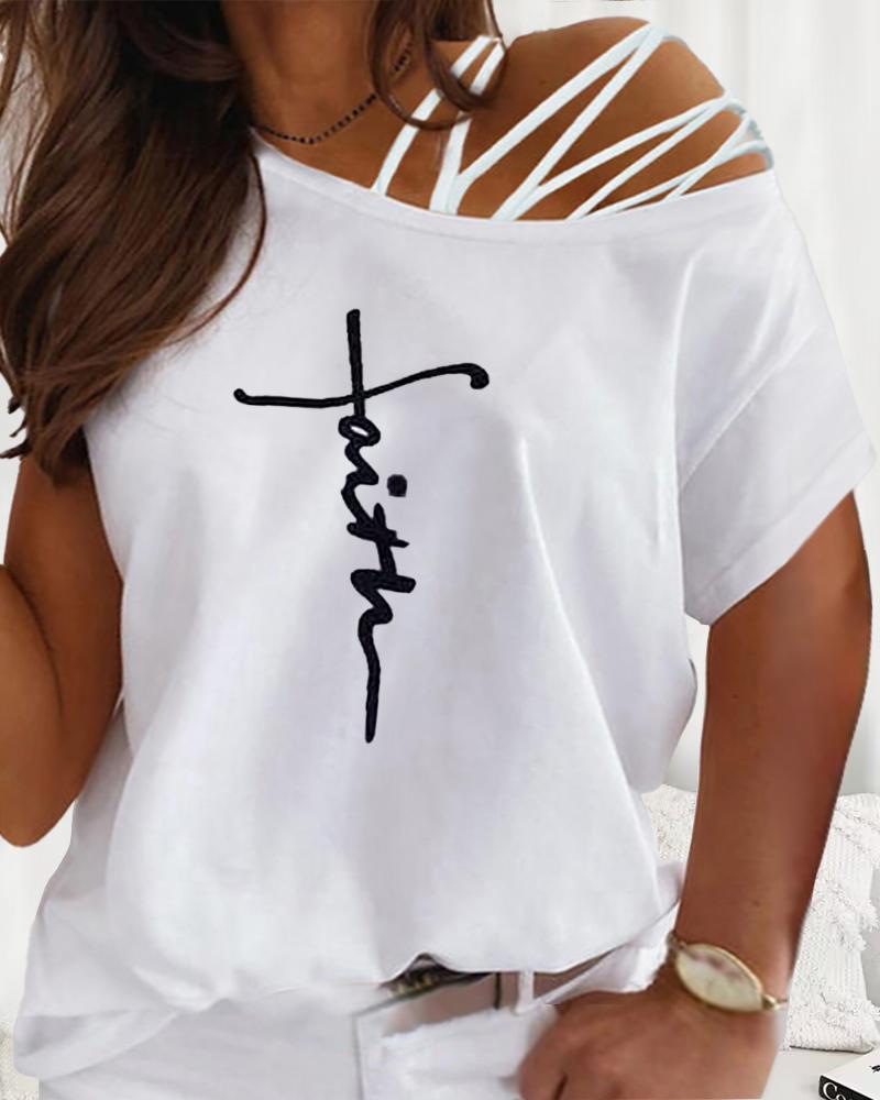 

Plus Size Letter Print Cold Shoulder Top, White