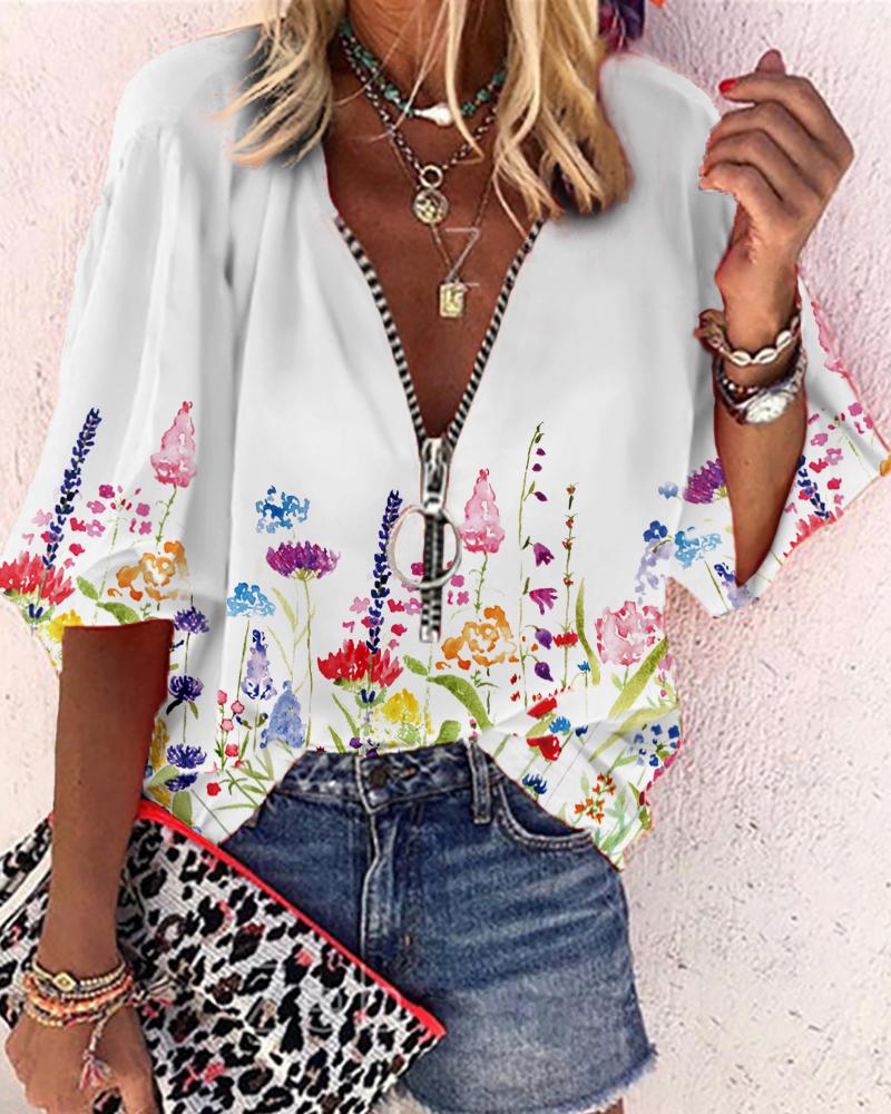 

Printed Floral Lantern Sleeve Zipper Design Casual Top, White