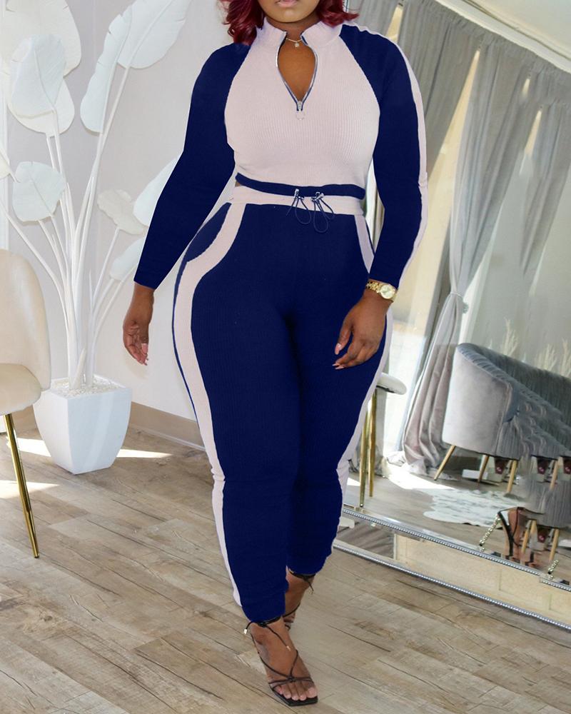 

Colorblock Zipper Design Drawstring Top & High Waist Pants Set, Blue