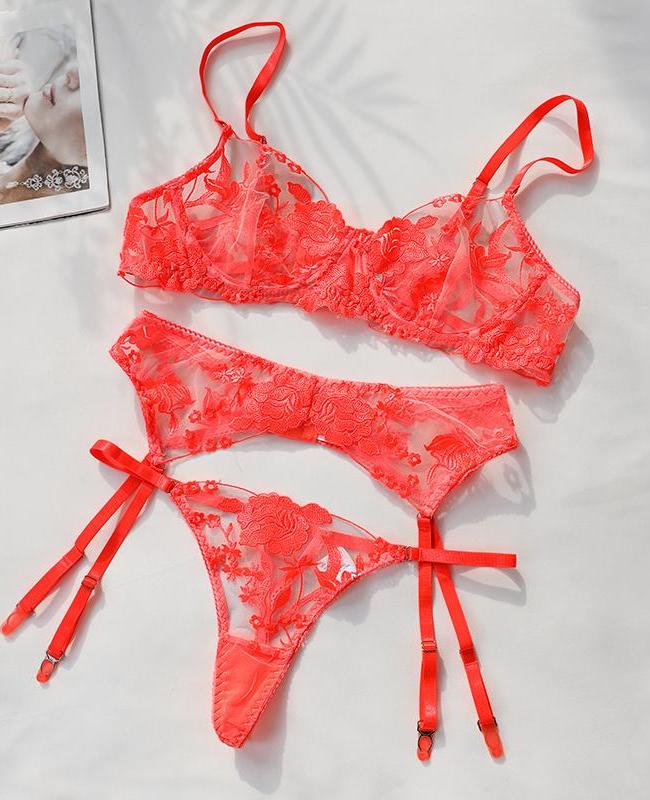 

3PCS Embroidery Lace Garter Lingerie Set, Orange