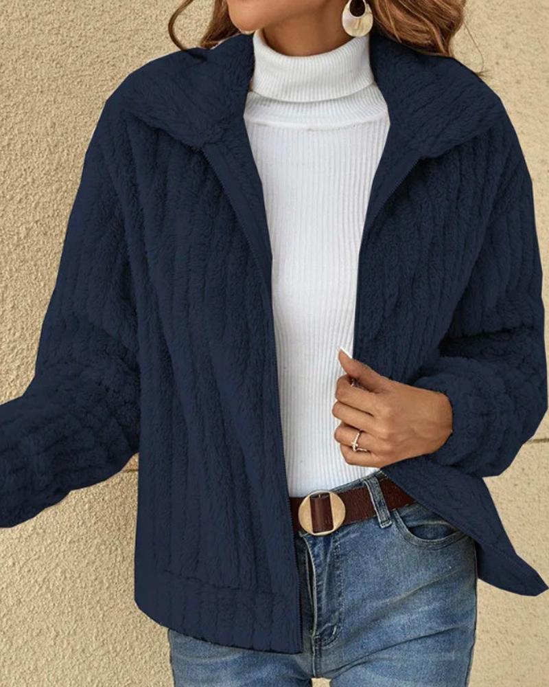 

Long Sleeve Zip Up Teddy Coat, Purplish blue