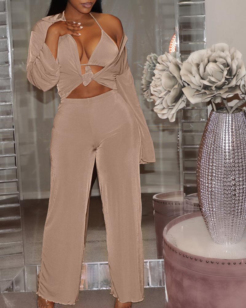 

Long Sleeve Top & Wide Leg Pants Set With Bralette, Apricot