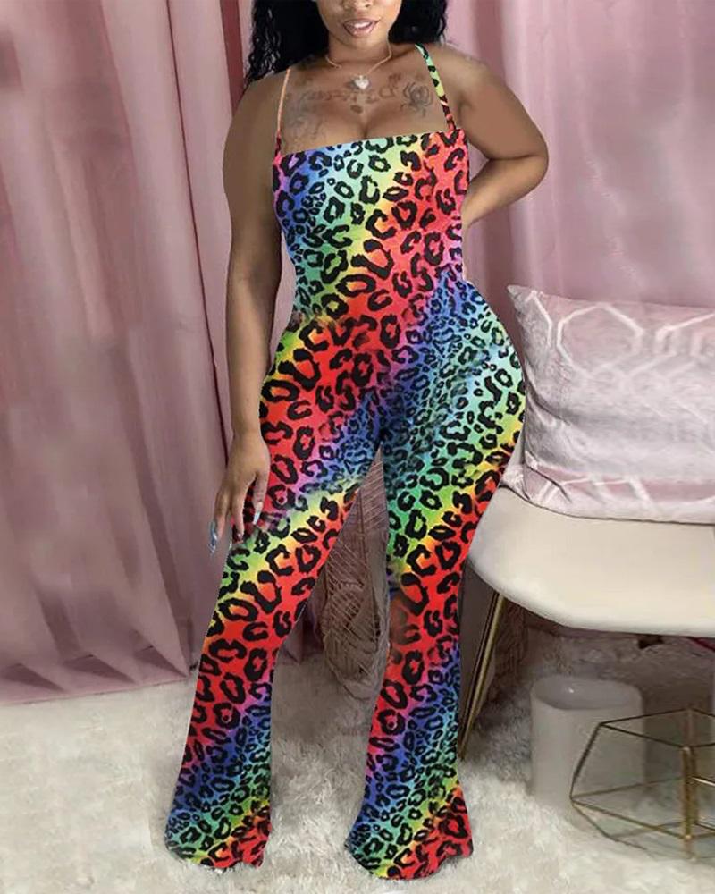 

Leopard Print Spaghetti Strap Flared Leg Jumpsuit, Multicolor