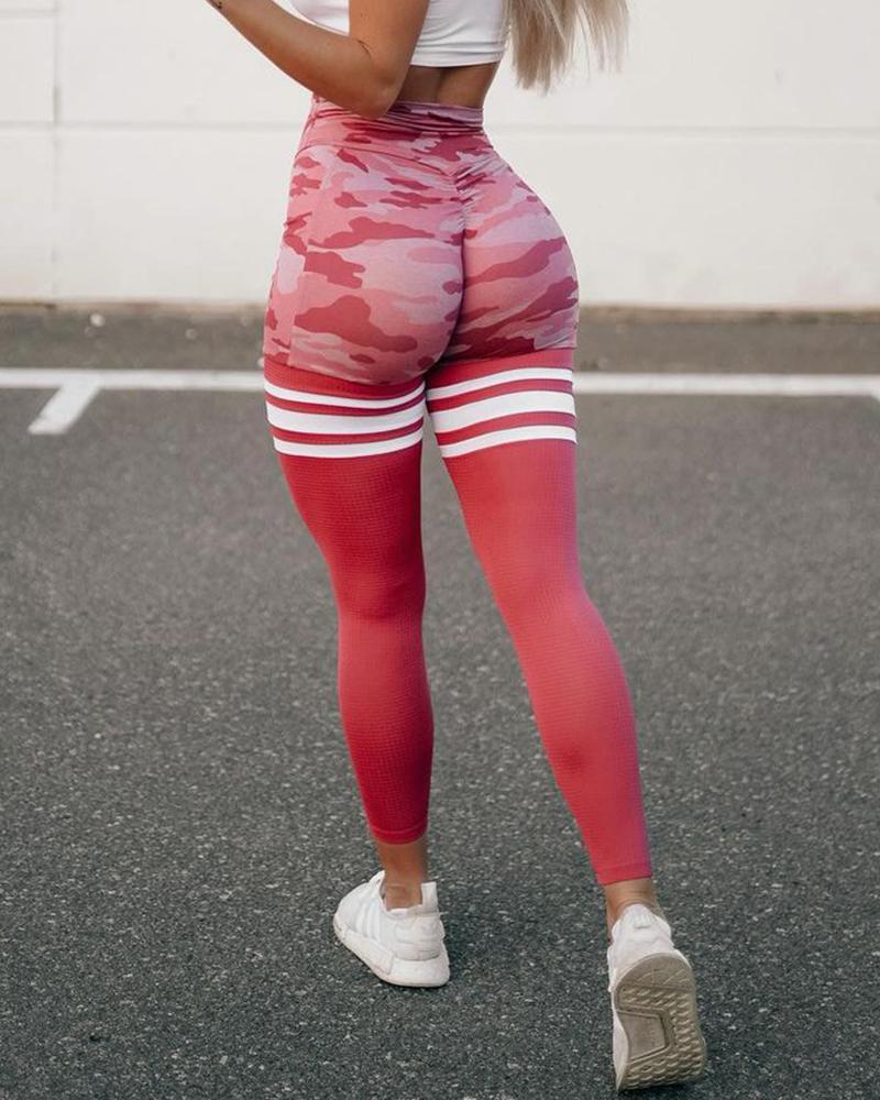 

Patchwork Camouflage Print Stripes Skinny Yoga Pants, Pink