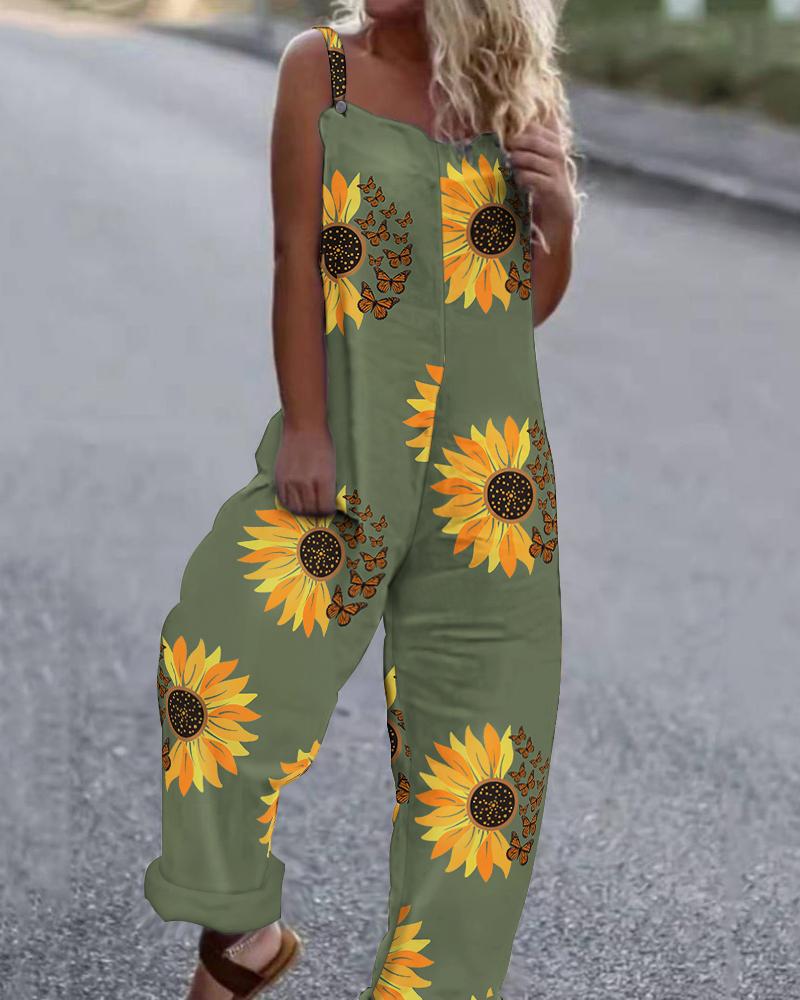

Sunflower Butterfly Print Suspender Jumpsuit, Green