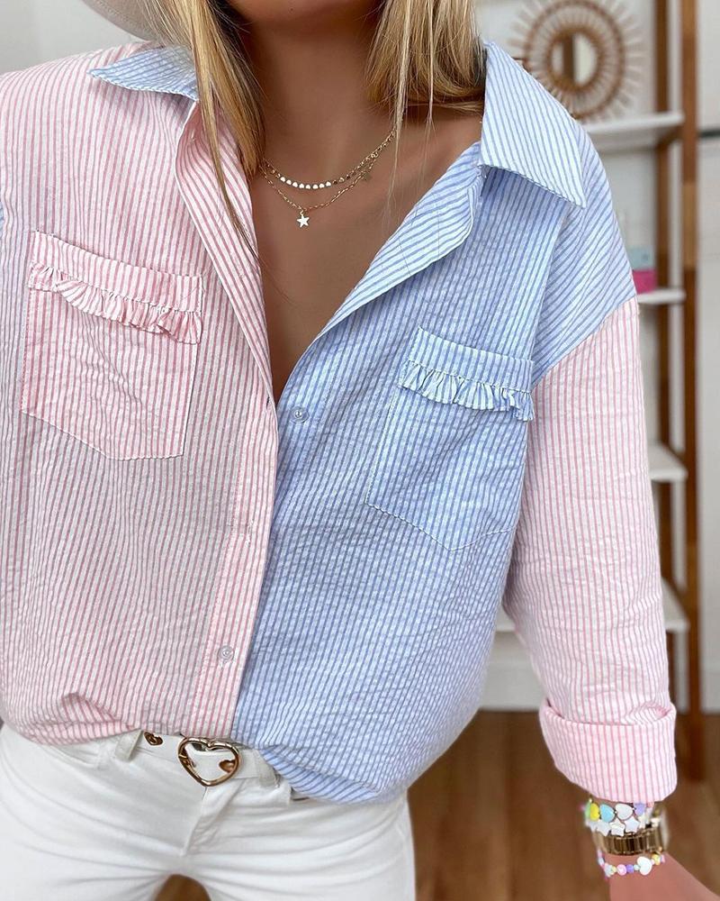 

Striped Print Colorblock Pocket Front Shirt, Pink