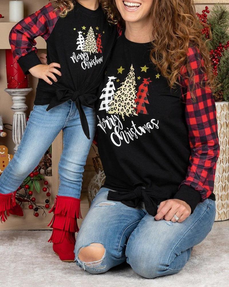 

Christmas Long Sleeve Tree Letter Plaid Print Top, Black