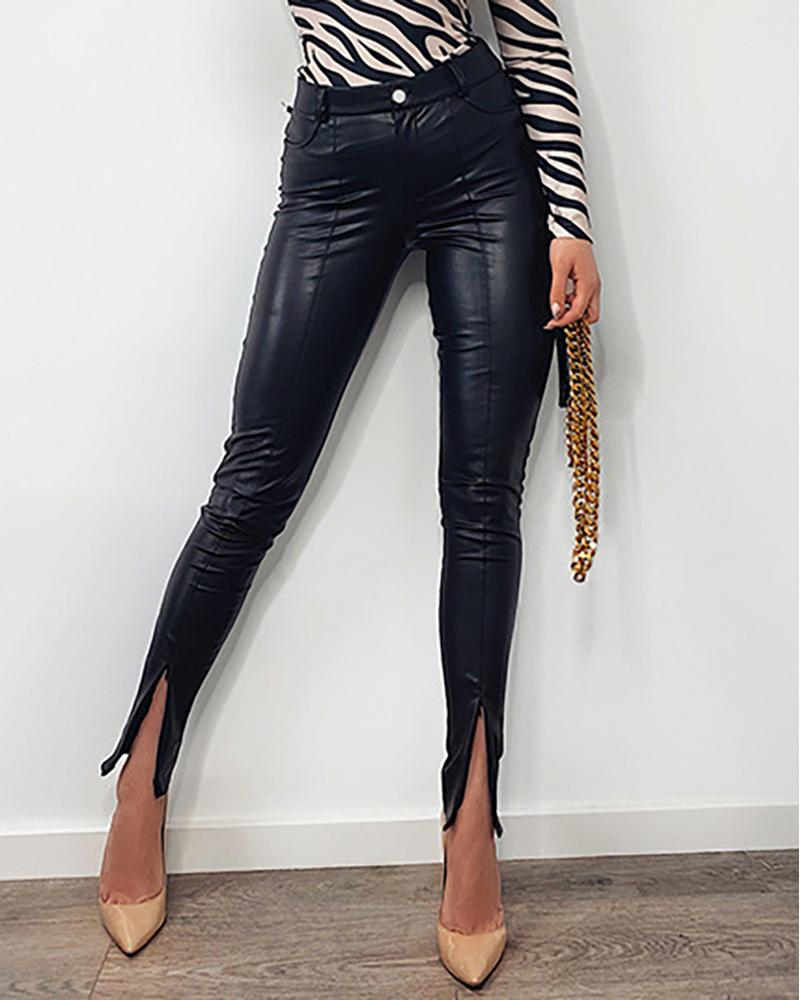

PU Leather Single Button Slit Pants, Black