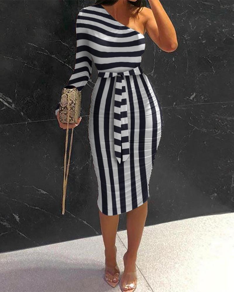 

Striped Print One Shoulder Bodycon Dress, Black