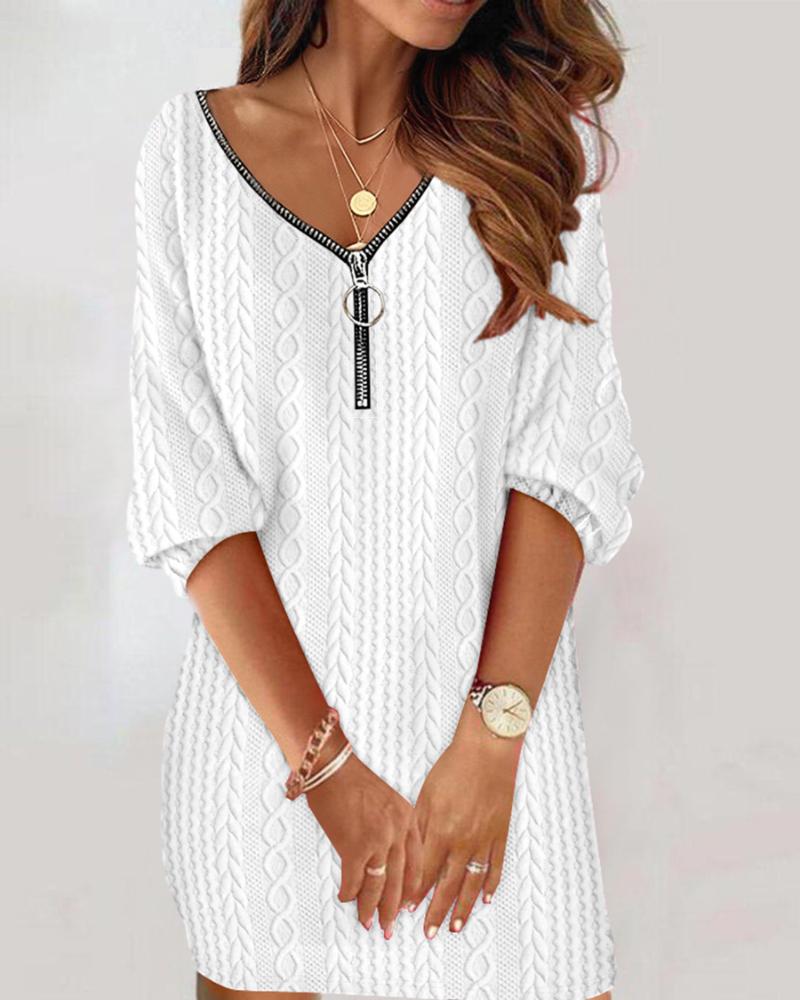 

Zipper Design Cable Textured Casual Dress, White