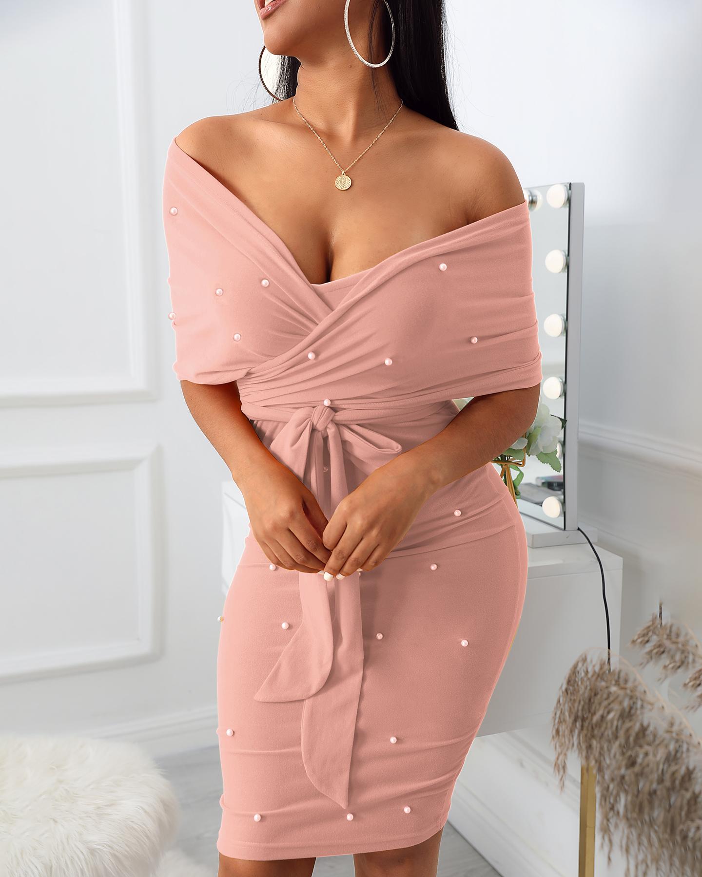 

Beaded Decor Off Shoulder Ruched Party Dress, Pink