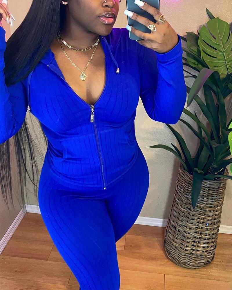 

Ribbed Long Sleeve Zip Up Hooded Top & Pants Set, Blue