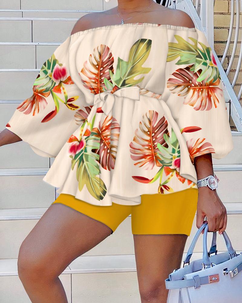 

Tropical Print Off Shoulder Belted Top & Shorts Set, Yellow
