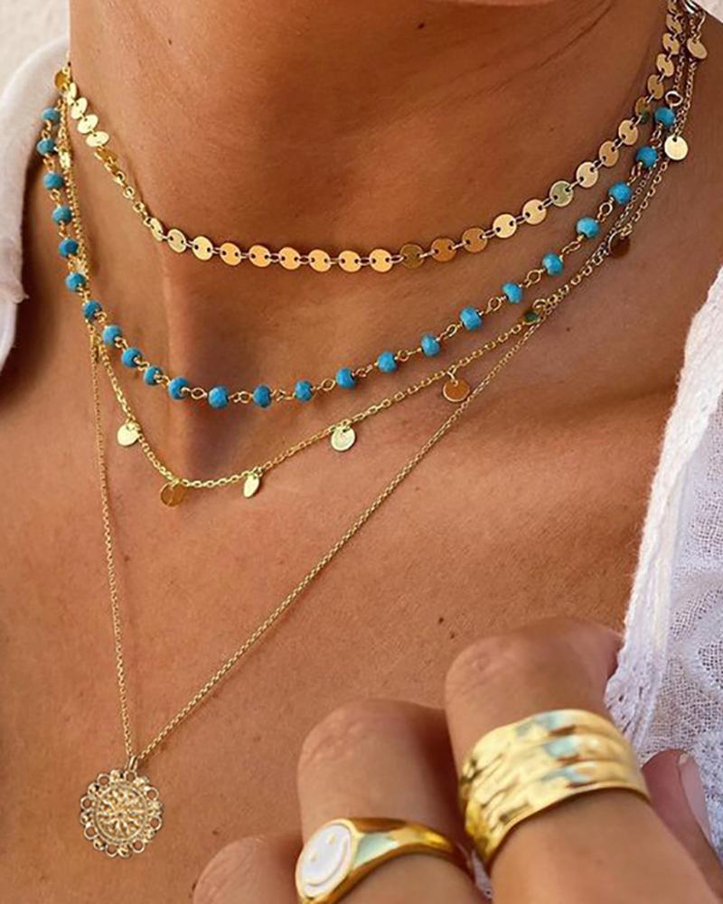 

3pcs Vintage Bohemian Multi-layer Beaded Disc Necklaces Set, Gold