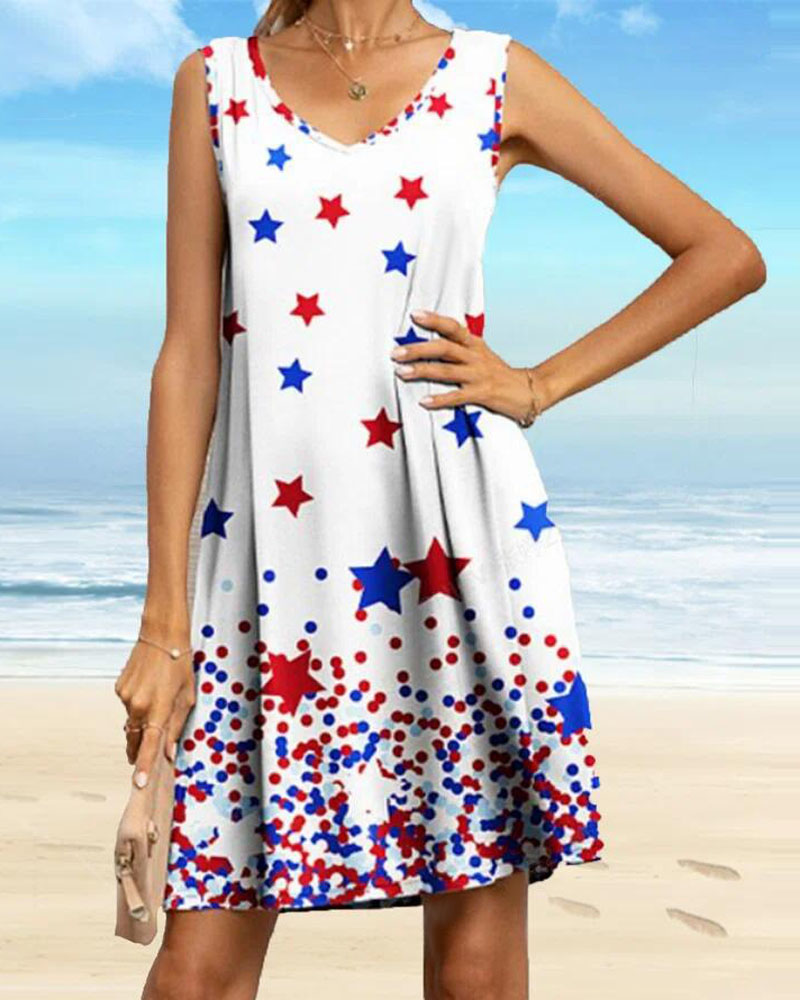 

Polka Dot Star Print Sleeveless Casual Dress, White