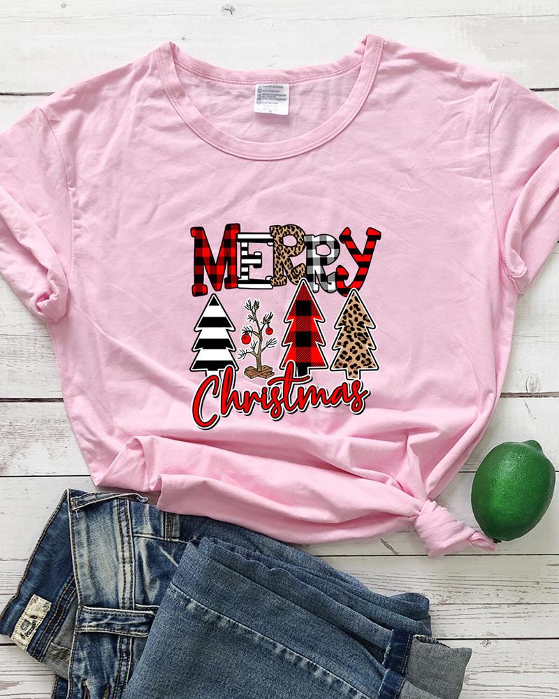 

Christmas Print Short Sleeve Casual T-Shirt, Pink