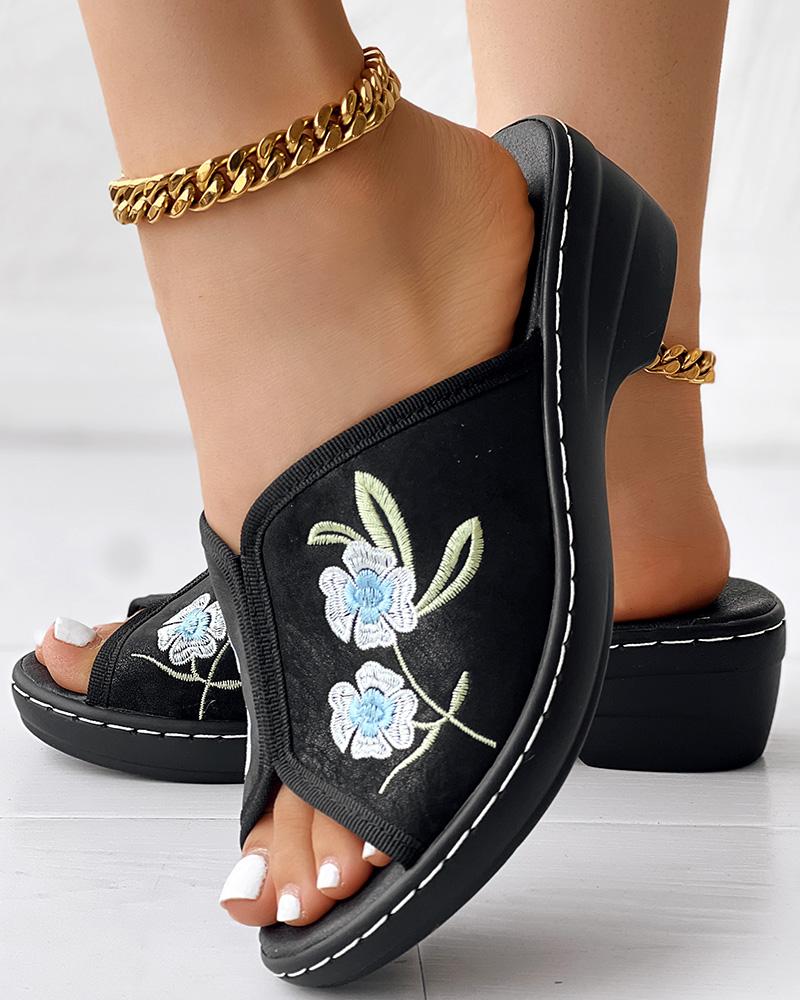 

Floral Embroidery Wedge Slippers Summer Sandals, Black
